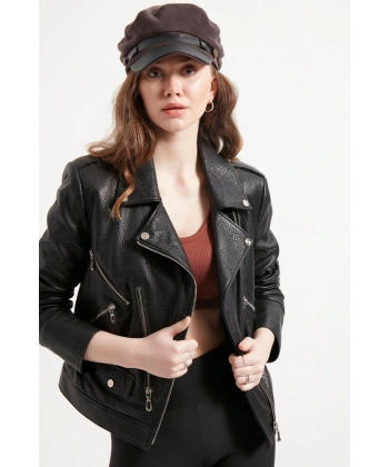 Kadın Siyah Hakiki Jumbo Deri Ceket
