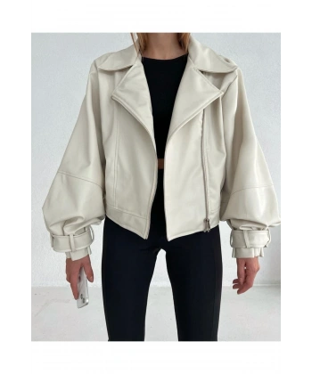 Kadın Krem Oversize Deri Ceket