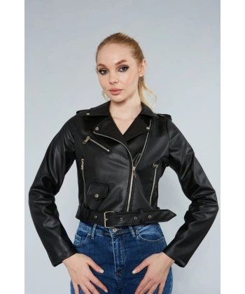 Kadın Kol Fermuarlı Cep Detaylı Deri Ceket