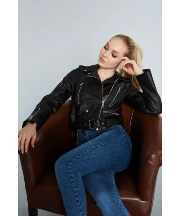 Kadın Kol Fermuarlı Cep Detaylı Deri Ceket