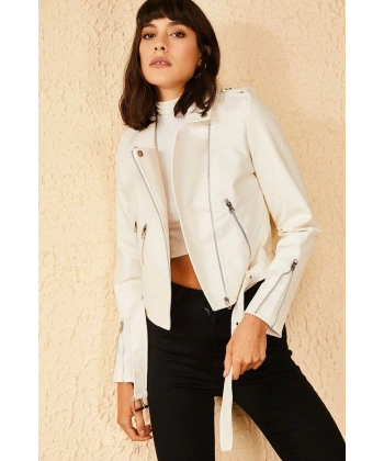 Kadın Beyaz Kolları Fermuarlı Ceket