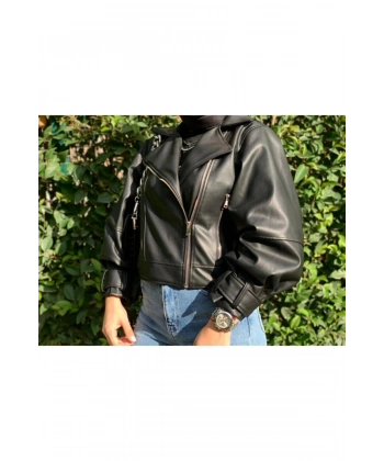 Siyah Balon Kol Deri Ceket