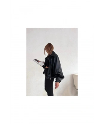 Kadın Suni Deri Geniş Kollu Biker Ceket