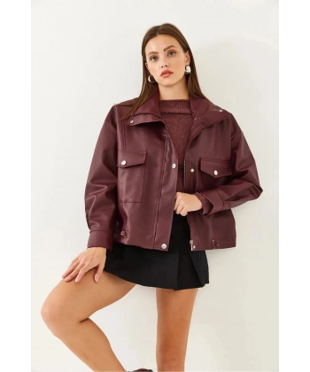 Yanlardan Büzgü Detaylı Deri Ceket - Oversize