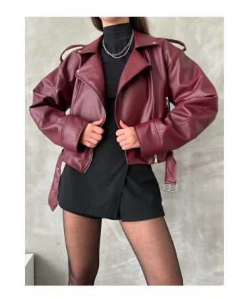 Kadın Oversize Bordo Deri Ceket
