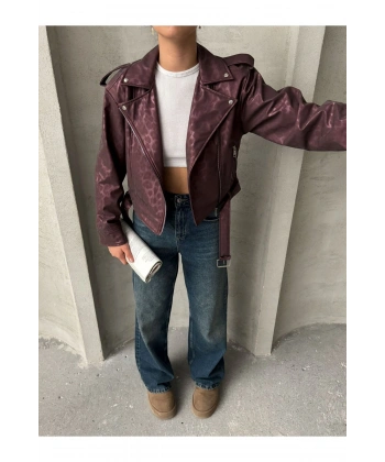 Oversıze Kemerli Deri Tarz Leopar Ceket