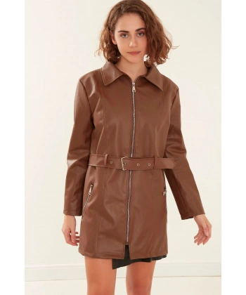 Kadın Kahve Deri Pardesü Ceket