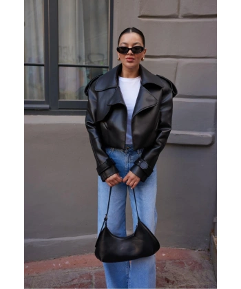 Siyah Parça Detaylı Tasarım Kısa Deri Trençkot