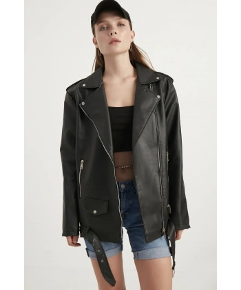Kadın Oversize Biker Deri Ceket