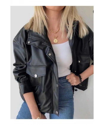 Yanlardan Büzgü Detaylı Deri Ceket - Oversize