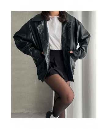 Unisex Oversize Vintage Siyah Deri Ceket