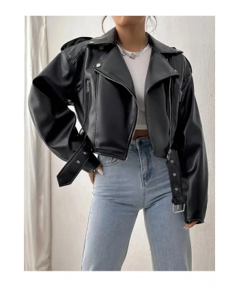 Siyah Oversıze Kemerli Deri Tarz Ceket