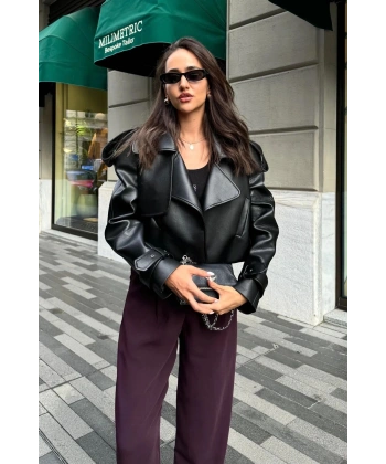 OVERSİZE SİYAH DERİ CEKET