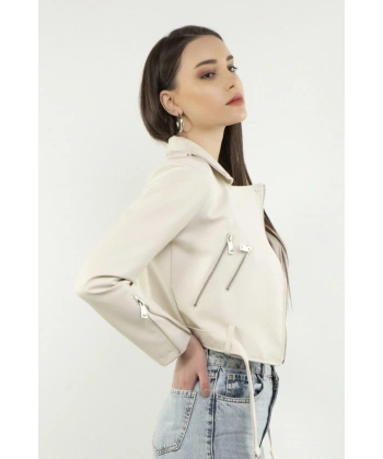 Metal Fermuarlı Kadın Beyaz Deri Ceket ( X-bı )