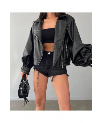 Suni Deri Geniş Kollu Bomber Ceket