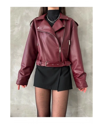 Oversıze Kemerli Deri Tarz Ceket
