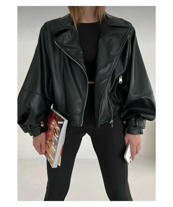Balon Kol Siyah Deri Ceket