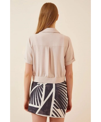 Kadın Krem Cepli Kısa Kollu Yazlık Keten Viskon Ceket