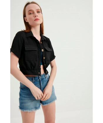 Kadın Siyah Cepli Kısa Kollu Yazlık Keten Viskon Ceket
