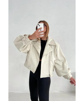Kadın Krem Oversize Deri Ceket
