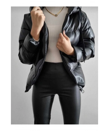 Kadın Kapüşonlu Şişme Deri Mont