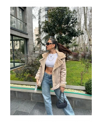 Kadın İçi Rapitli Kemer Detaylı Deri Süet Mont Ceket