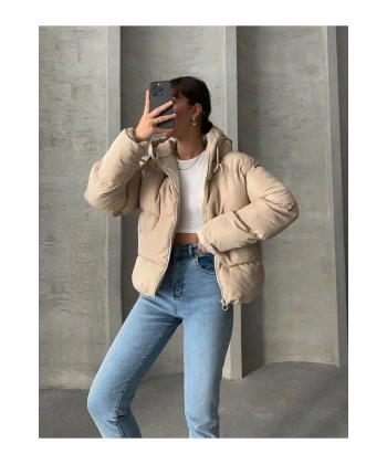 KADIN KREM KAPÜŞONLU MONT