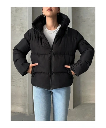 Kadın Siyah Kapüşonlu Şişme Mont Ss