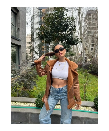 Yeni Sezon Kadın İçi Rapitli Kemer Detaylı Deri Süet Mont Ceket