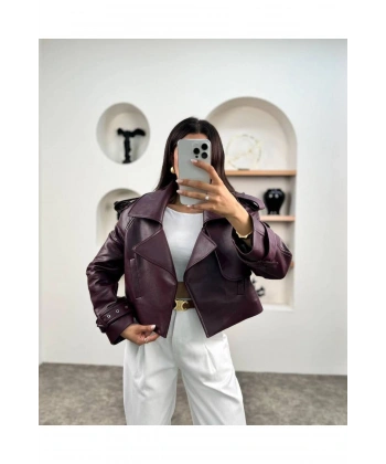 kadın premium trend luxury bordo suni deri tasarım biker ceket