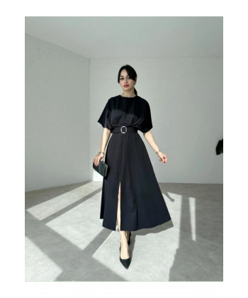 HAYALİM MODA Kemer Detaylı Yırtmaçlı Piliseli Midi Elbise