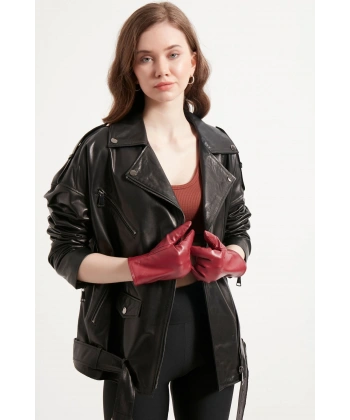 Kadın Hakiki Deri Ceket Beli Kemerli Oversize Model