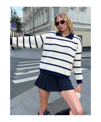Selanik Örgü Polo Yaka Oversize Zr Model Kadın Triko Kazak
