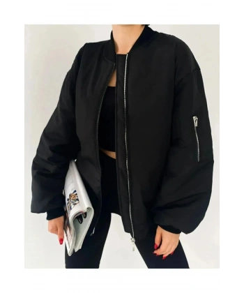 Unisex Bay uyumlu Siyah Bomber Ceket