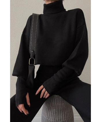 Triko Crop Pantolon Takım Siyah