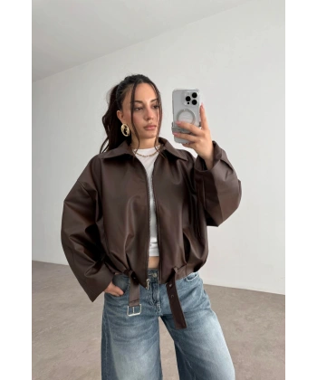 Kadın Oversize Bomber Premium Deri Ceket Kemerli