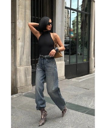 Kadın Baggy Jean Yüksek Bel Palazzo Esnek Kot Pantolon