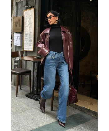 Kadın Yüksek Bel Kemer Detaylı Palazzo Likralı Kot Pantolon