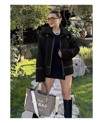 Kadın Şeritli Astarlı Peluş Kaban Mont