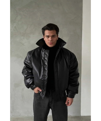 Siyah Bomber Deri Mont