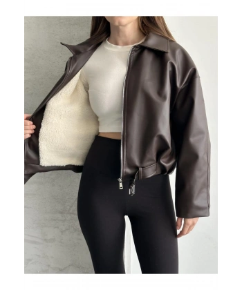 Kadın Yeni Sezon İçi Peluş Detaylı Kemerli Deri Ceket