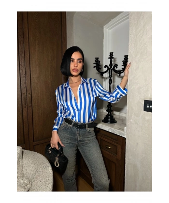 Çok Renkli Dikey Çizgili Premium Saten Gömlek - Retro Şık Tasarım