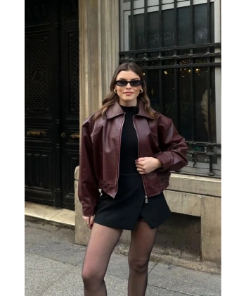 Yakalı Suni Deri Bomber Ceket