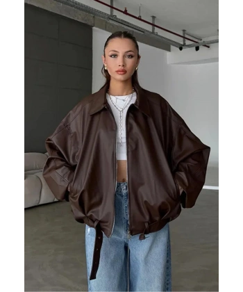 Yeni Sezon Suni Oversize Bomber Deri Ceket