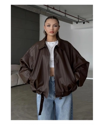 Kadın Oversize Deri Ceket– Oversize Relax Fit, Fermuarlı Kemer Detaylı Günlük Kadın Ceket-kahve