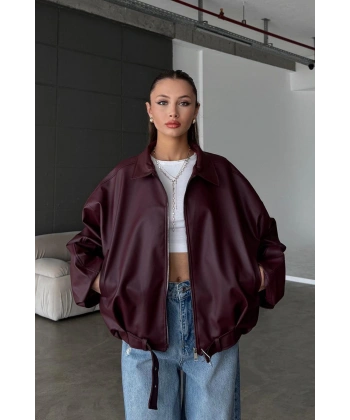 Kadın Oversize Deri Ceket– Oversize Relax Fit, Fermuarlı Kemer Detaylı Günlük Kadın Ceket