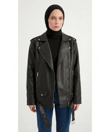 Kadın Oversize Biker Tesettür Deri Ceket