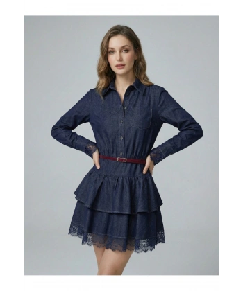 Kemerli Gömlek Yaka Dantel Garnili Jean Elbise Romantik Stil Mini Denim Elbise