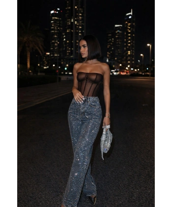 Kadın Taşlı Tasarım Kar Yıkama Mavi Yüksek Bel Trend Palazzo Jean Pantolon