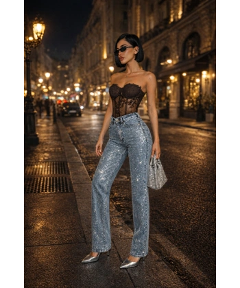 Kadın Taşlı Trend Kar Yıkama Mavi Yüksek Bel Palazzo Tasarım Jean Pantolon